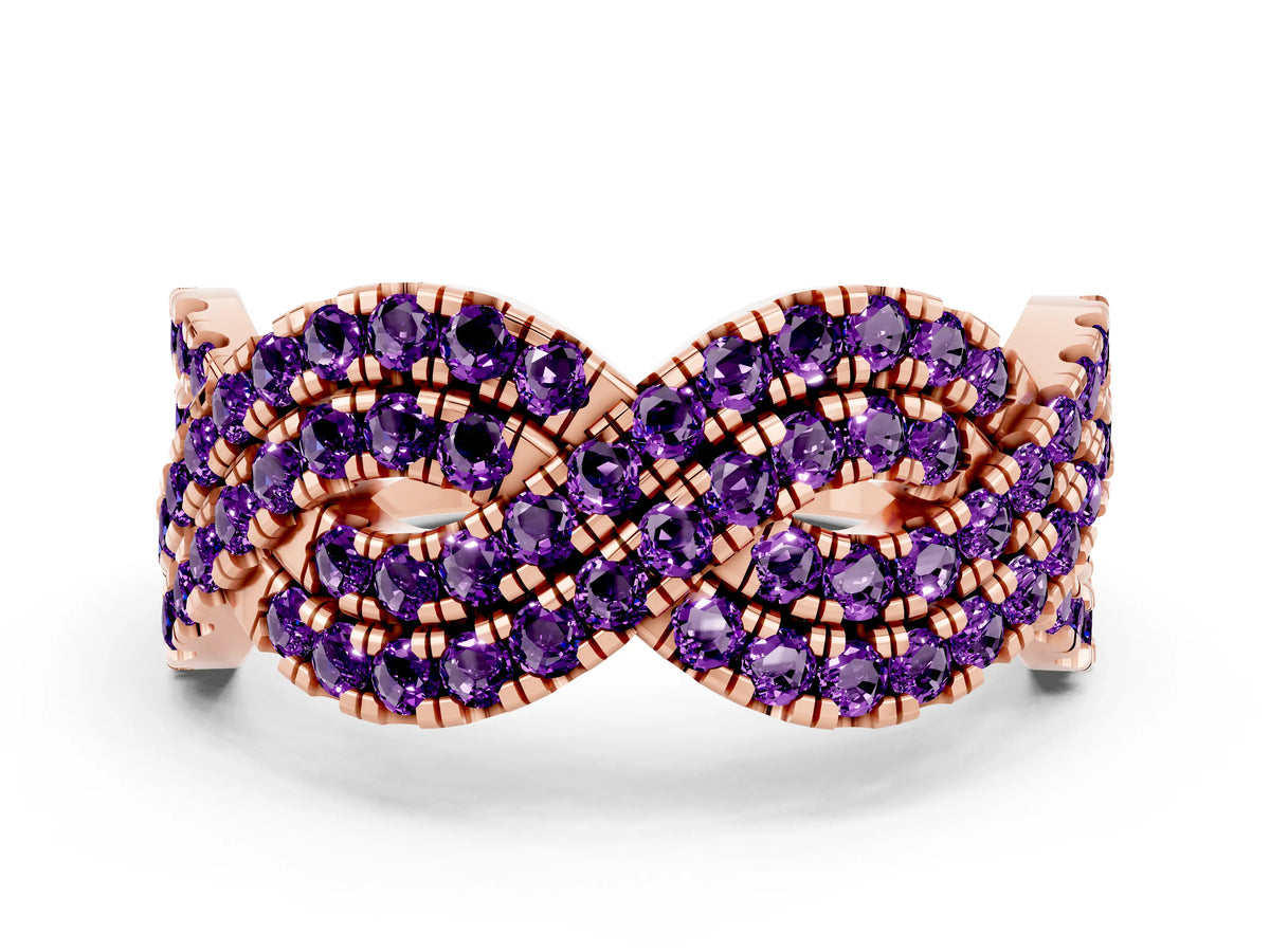 Pavé Round Amethyst Infinity Twist Band in Rose gold with Shared Prong Setting