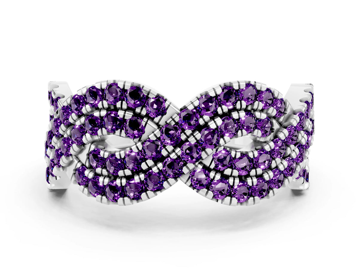 Pavé Round Amethyst Infinity Twist Band in Silver with Shared Prong Setting