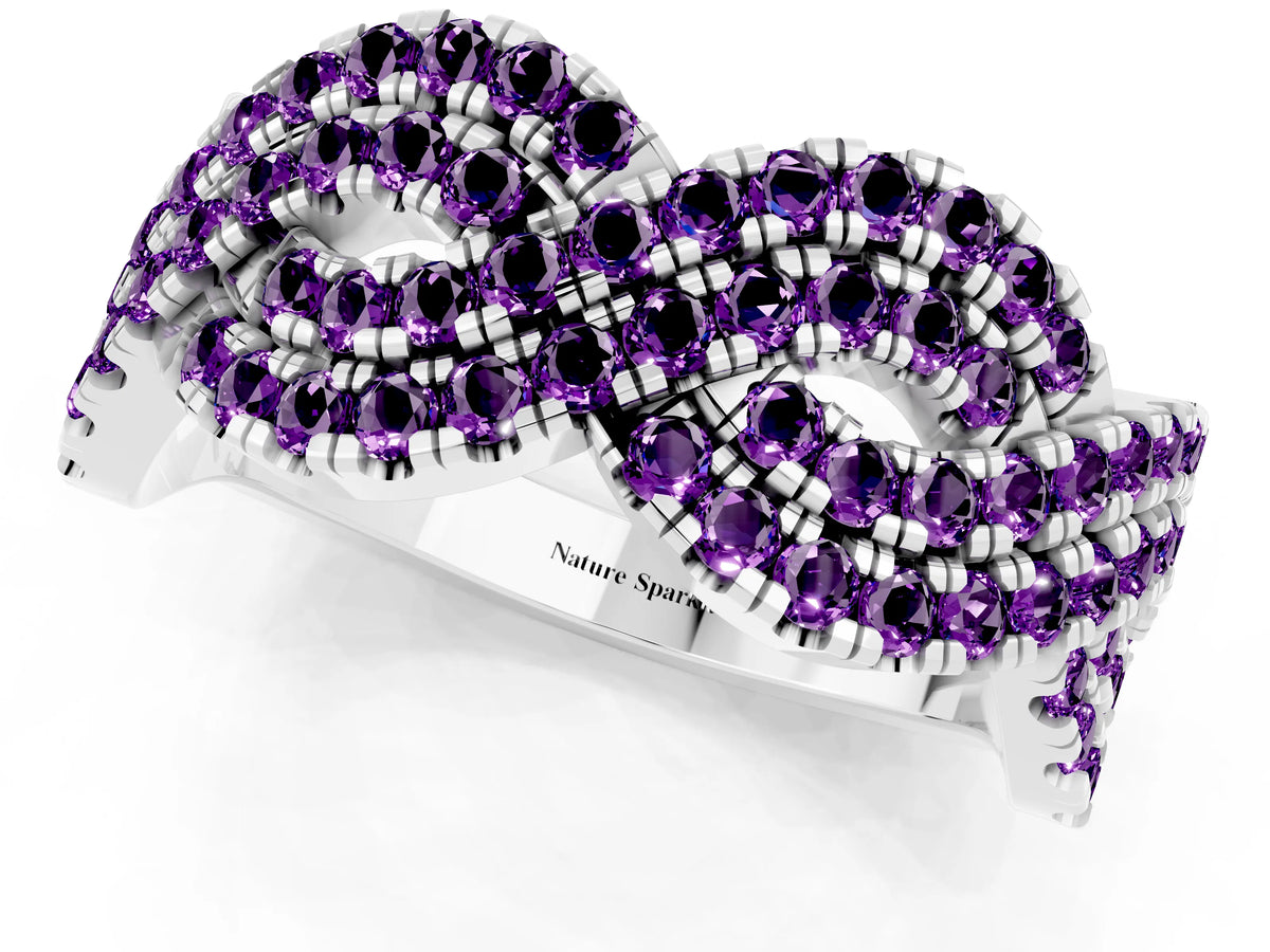 Pavé Round Amethyst Infinity Twist Band in Silver with Shared Prong Setting_1