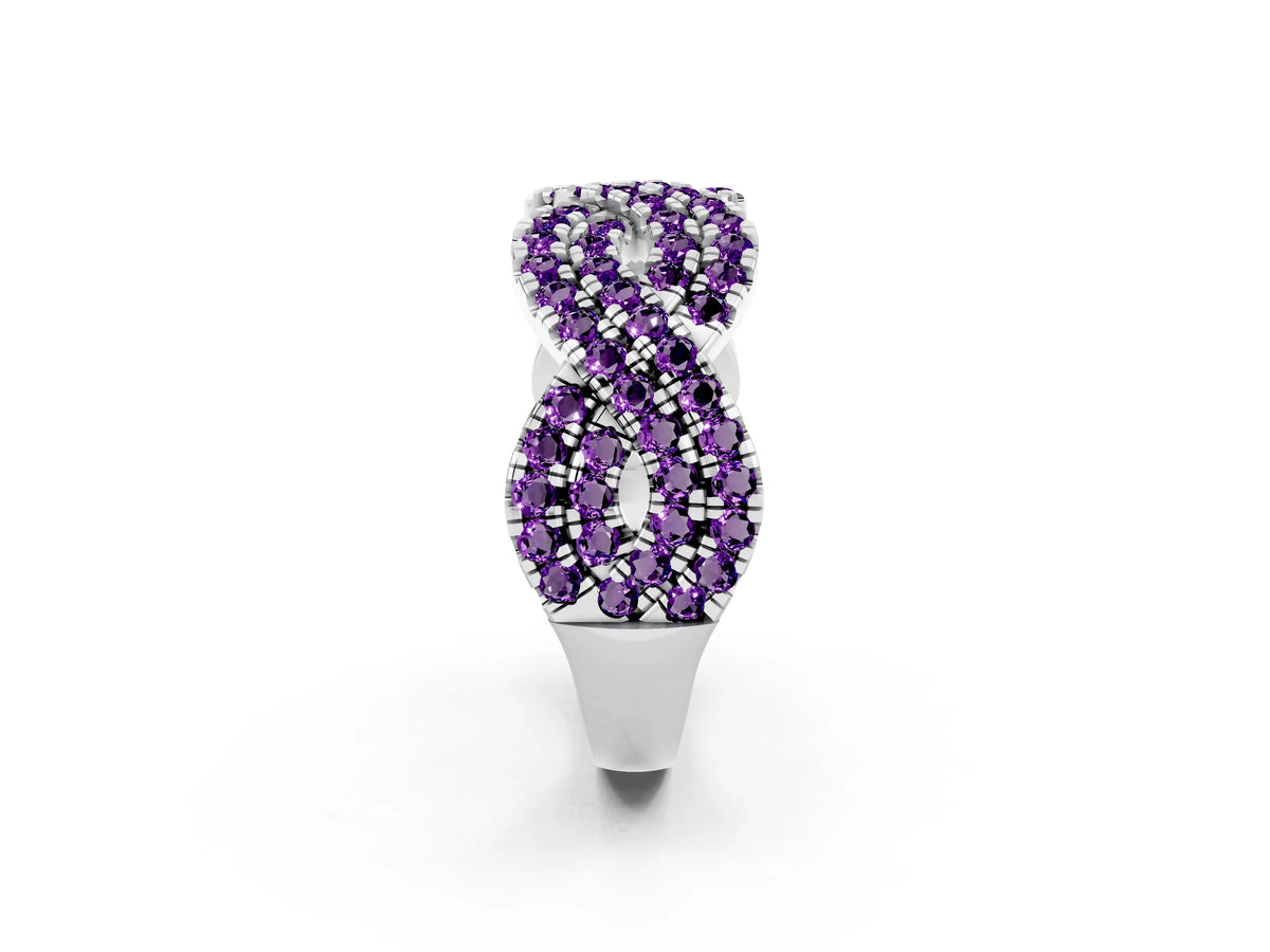 Pavé Round Amethyst Infinity Twist Band in White gold with Shared Prong Setting_2