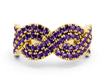 Pavé Round Amethyst Infinity Twist Band in Yellow gold with Shared Prong Setting