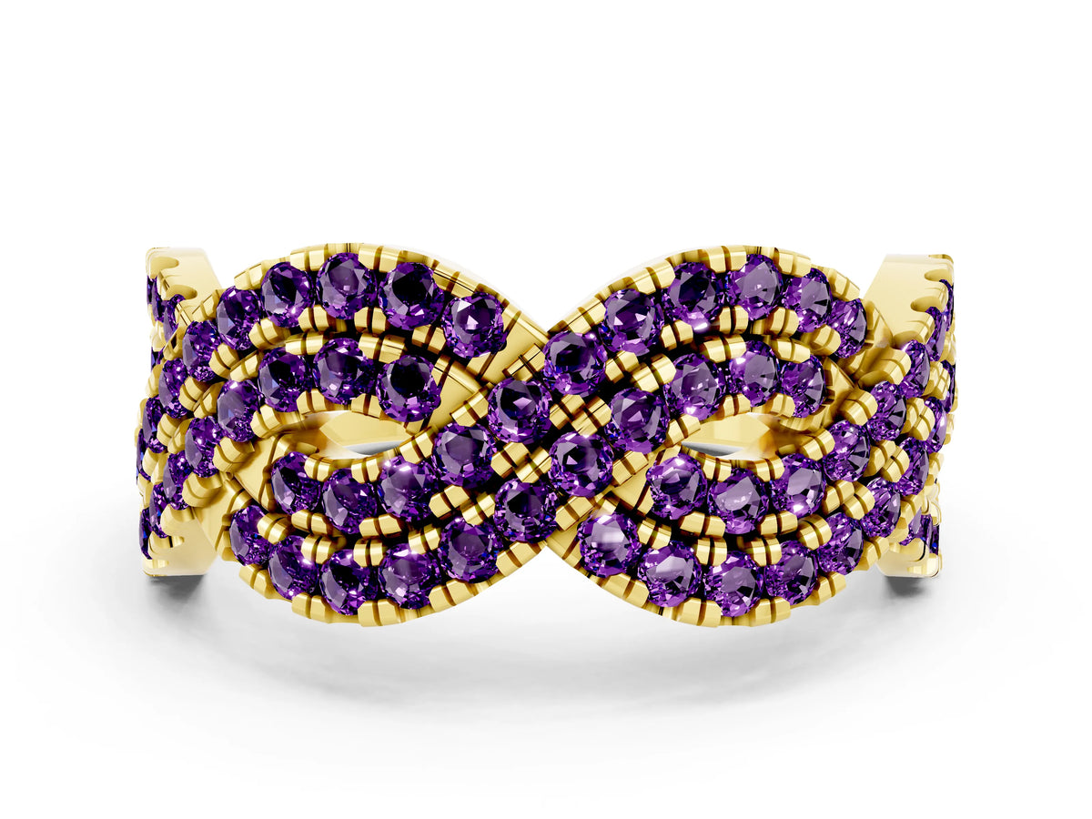 Pavé Round Amethyst Infinity Twist Band in Yellow gold with Shared Prong Setting