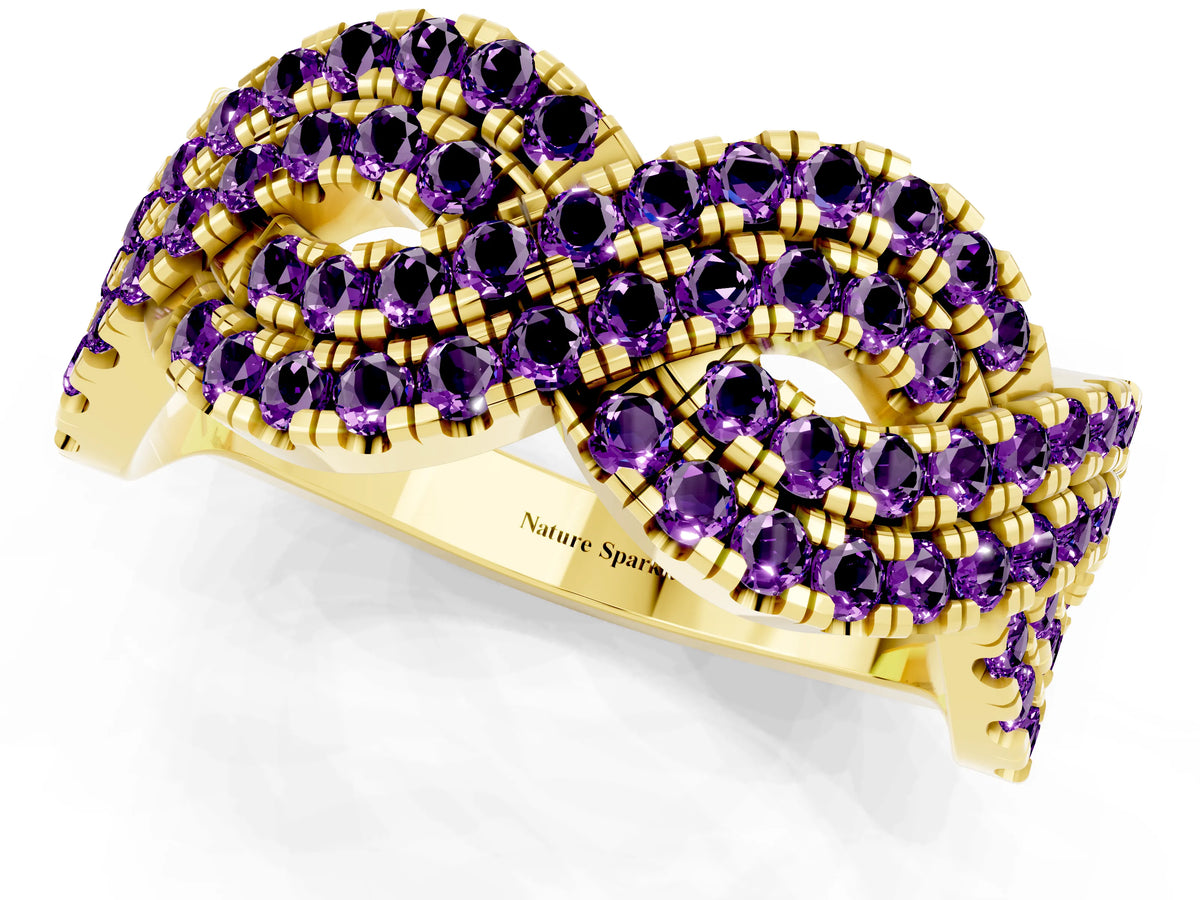 Pavé Round Amethyst Infinity Twist Band in Yellow gold with Shared Prong Setting_1