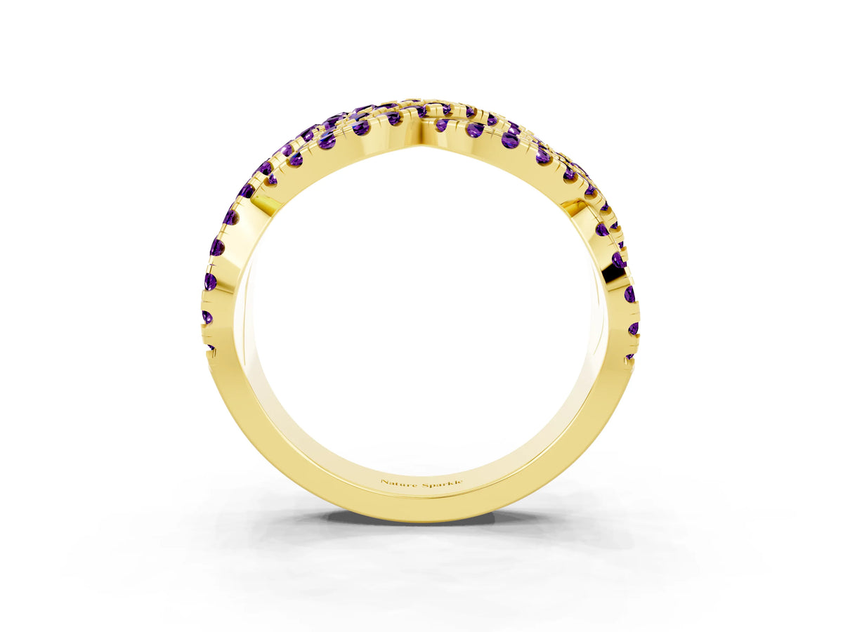 Pavé Round Amethyst Infinity Twist Band in Yellow gold with Shared Prong Setting_3
