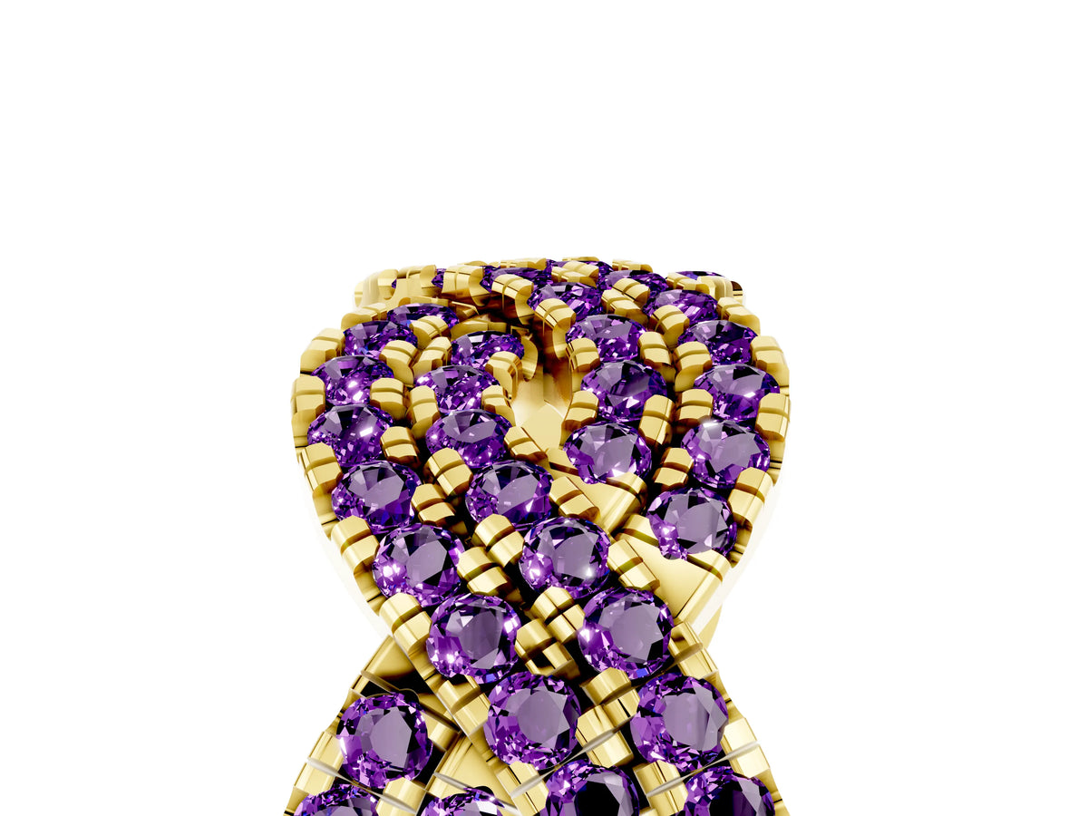 Pavé Round Amethyst Infinity Twist Band in Yellow gold with Shared Prong Setting_5