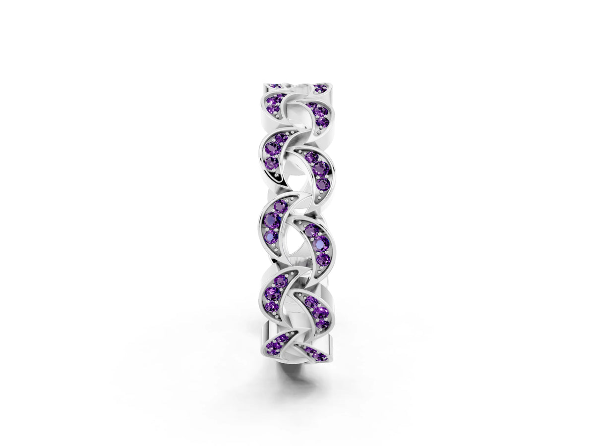 Pavé Round Amethyst Interlocking Eternity Band in Platinum with Bezel Prong Setting_2