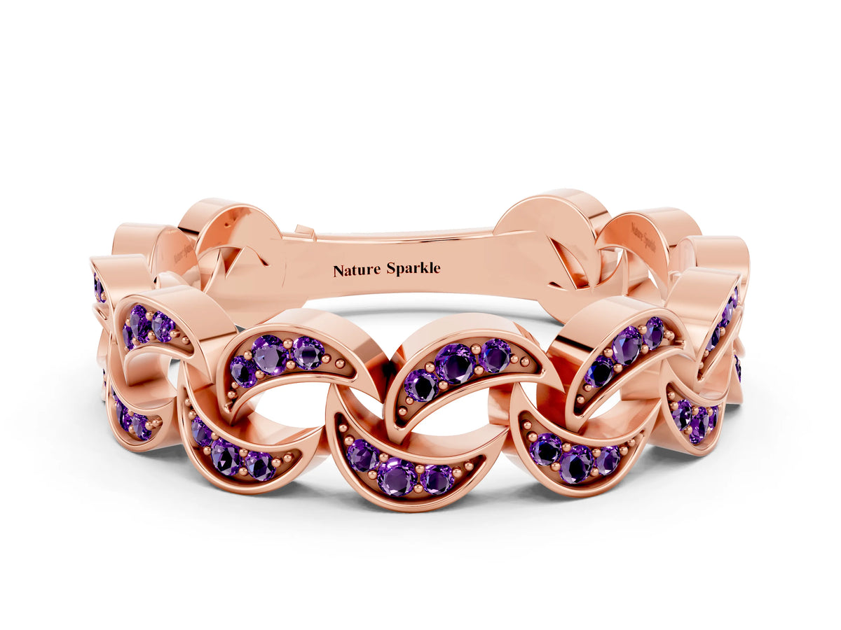 Pavé Round Amethyst Interlocking Eternity Band in Rose gold with Bezel Prong Setting
