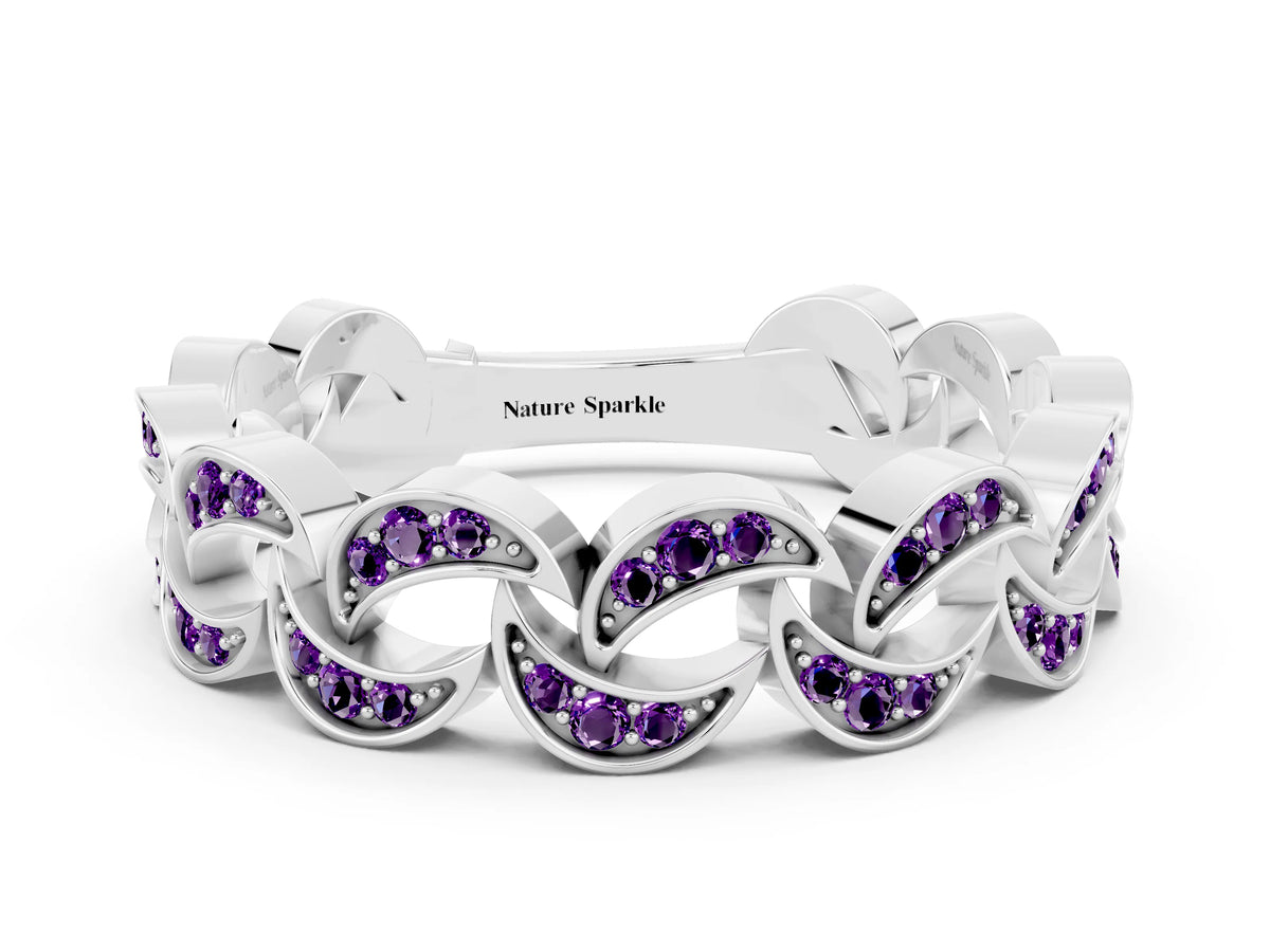Pavé Round Amethyst Interlocking Eternity Band in Silver with Bezel Prong Setting