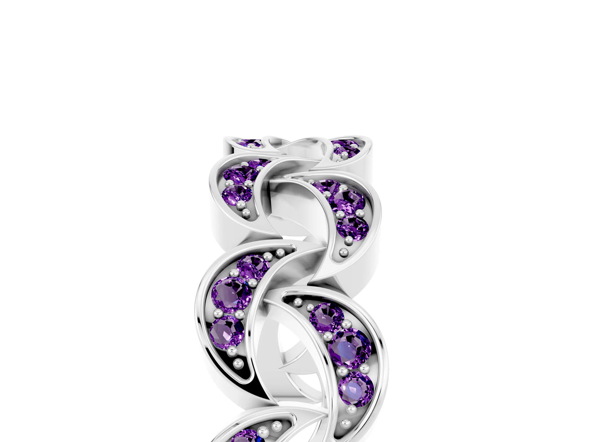 Pavé Round Amethyst Interlocking Eternity Band in Silver with Bezel Prong Setting_5