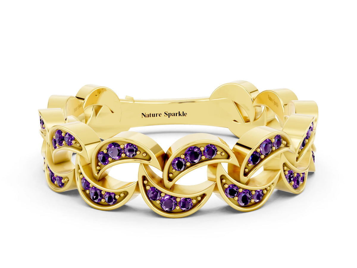Pavé Round Amethyst Interlocking Eternity Band in Yellow gold with Bezel Prong Setting
