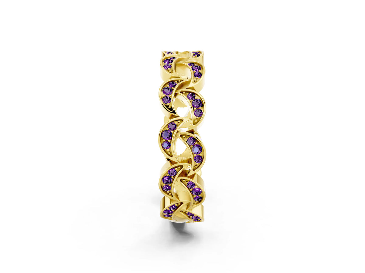 Pavé Round Amethyst Interlocking Eternity Band in Yellow gold with Bezel Prong Setting_2