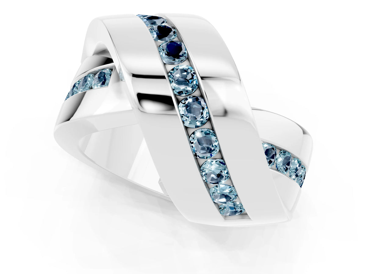Pavé Round Aquamarine Crossover Band in White gold with Channel Setting_1