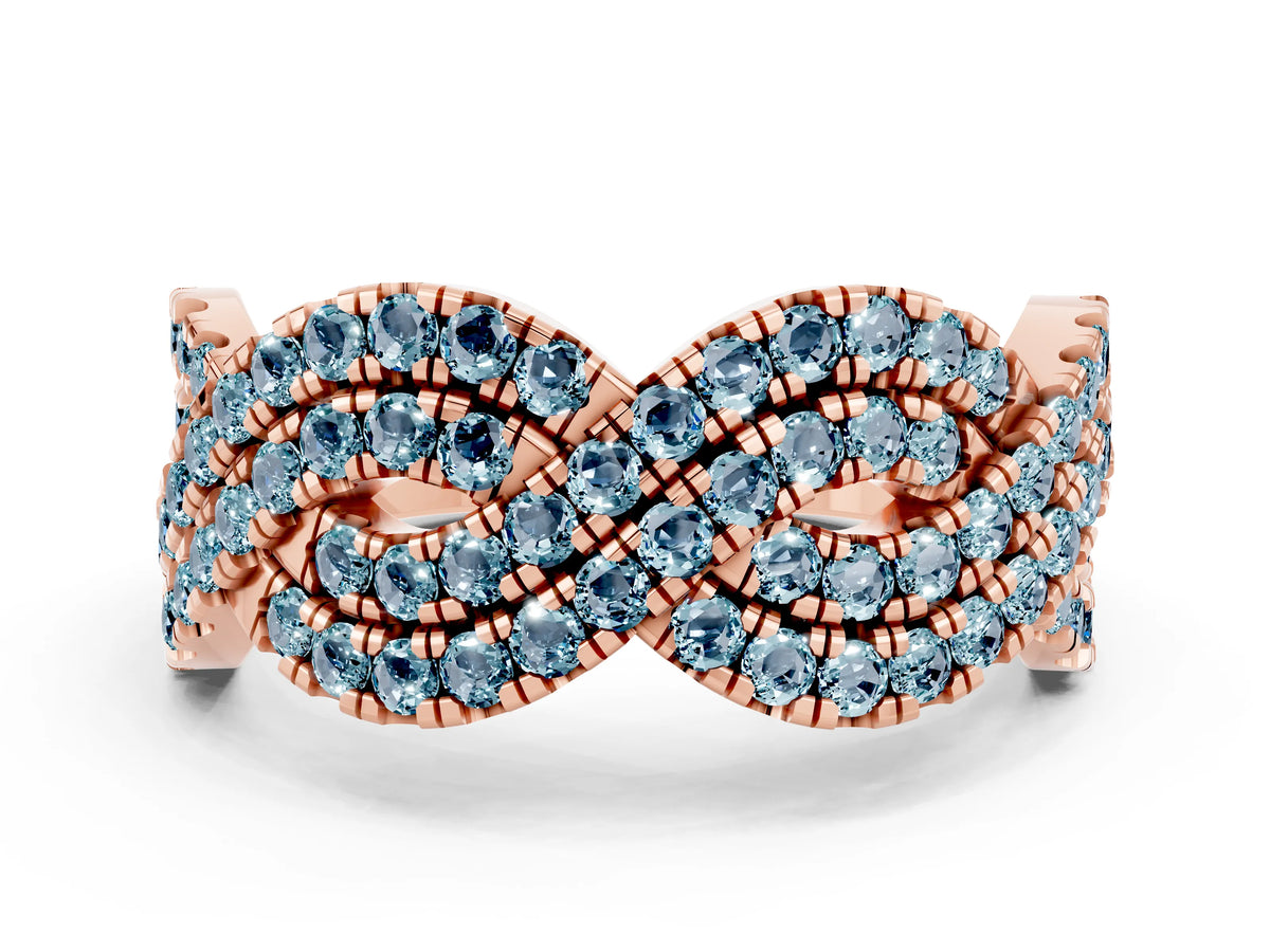 Pavé Round Aquamarine Infinity Twist Band in Rose gold with Shared Prong Setting