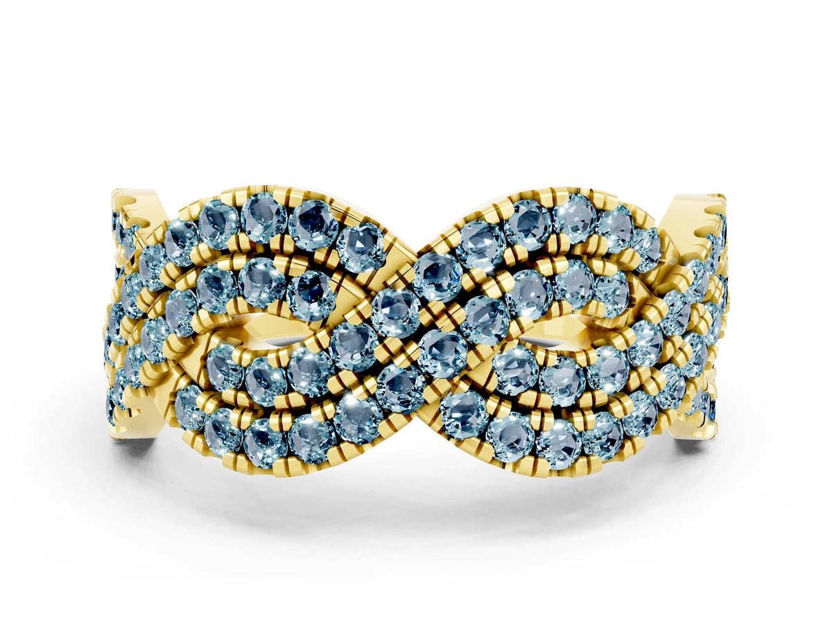 Pavé Round Aquamarine Infinity Twist Band in Yellow gold with Shared Prong Setting