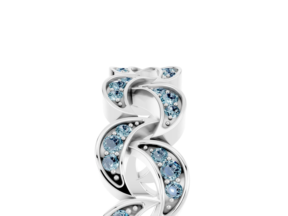Pavé Round Aquamarine Interlocking Eternity Band in Platinum with Bezel Prong Setting_5