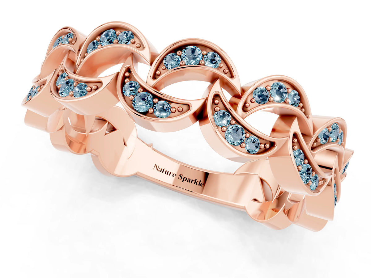 Pavé Round Aquamarine Interlocking Eternity Band in Rose gold with Bezel Prong Setting_1