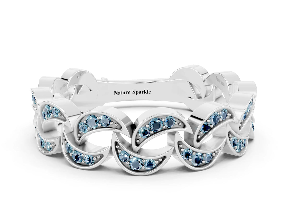 Pavé Round Aquamarine Interlocking Eternity Band in Silver with Bezel Prong Setting