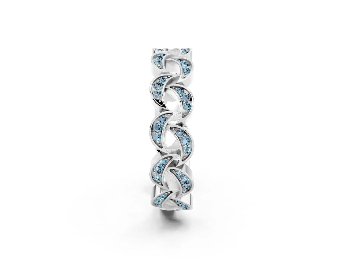 Pavé Round Aquamarine Interlocking Eternity Band in Silver with Bezel Prong Setting_2