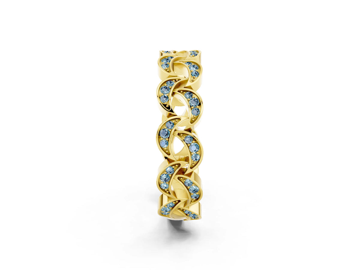 Pavé Round Aquamarine Interlocking Eternity Band in Yellow gold with Bezel Prong Setting_2