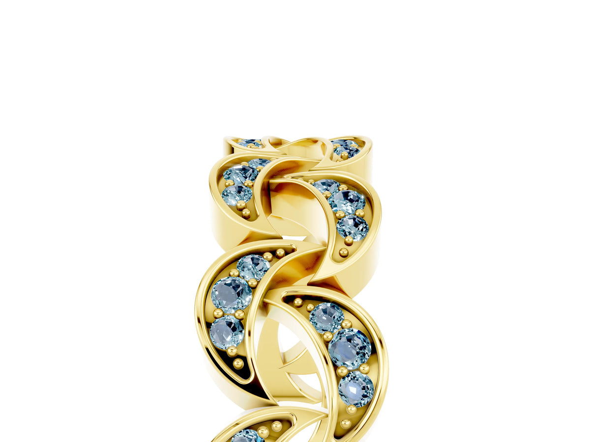 Pavé Round Aquamarine Interlocking Eternity Band in Yellow gold with Bezel Prong Setting_5