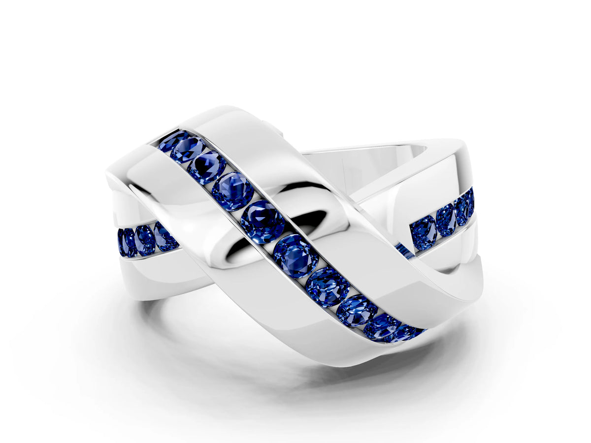 Pavé Round Blue Sapphire Crossover Band in Platinum with Channel Setting