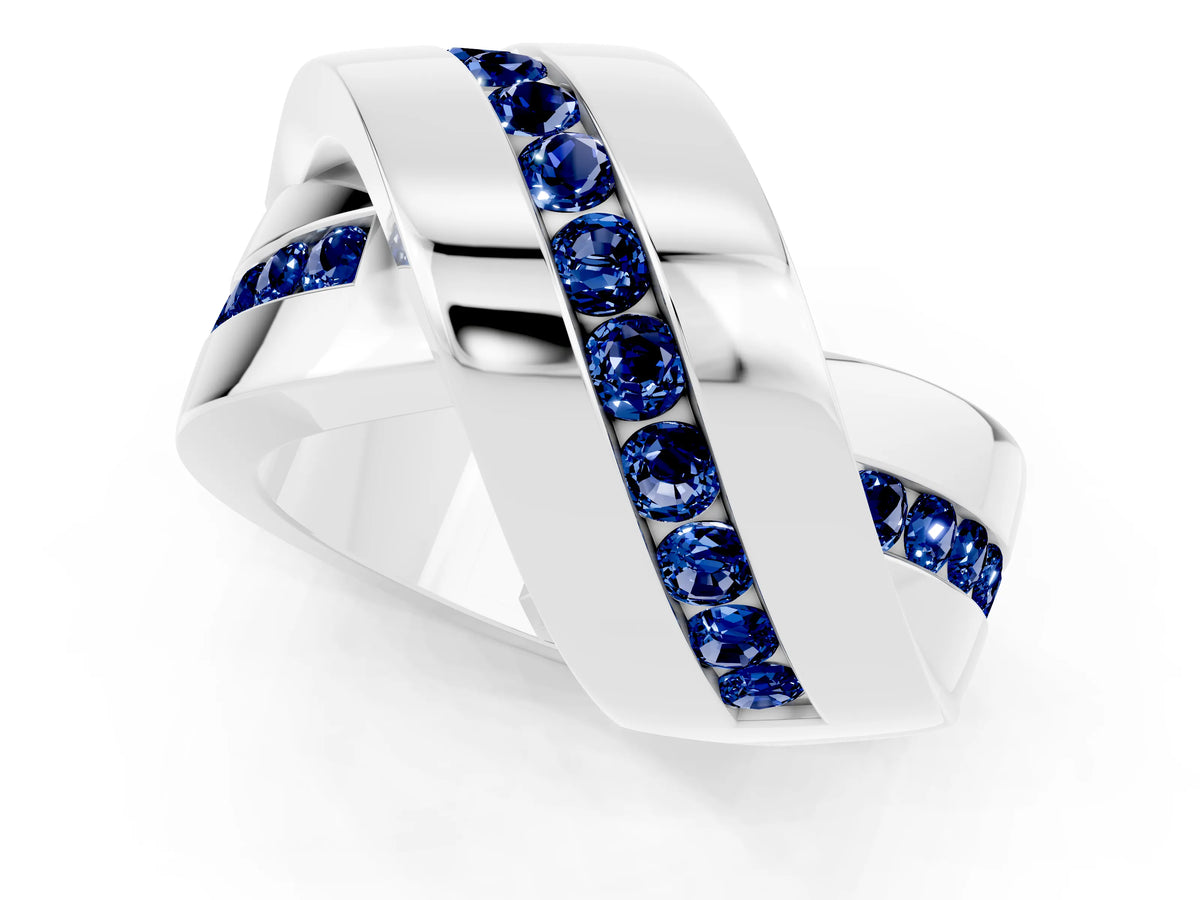 Pavé Round Blue Sapphire Crossover Band in Platinum with Channel Setting_1