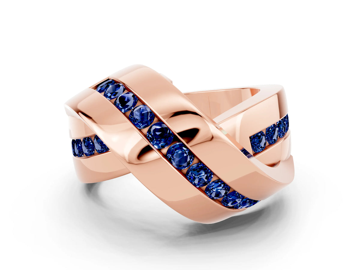 Pavé Round Blue Sapphire Crossover Band in Rose gold with Channel Setting