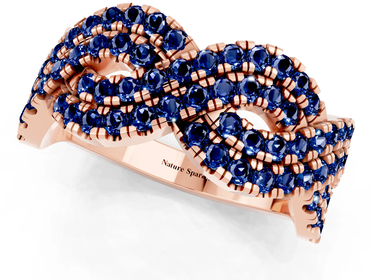 Pavé Round Blue Sapphire Infinity Twist Band in Rose gold with Shared Prong Setting_1