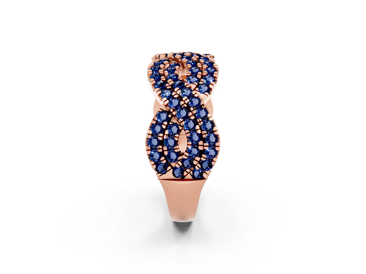 Pavé Round Blue Sapphire Infinity Twist Band in Rose gold with Shared Prong Setting_2