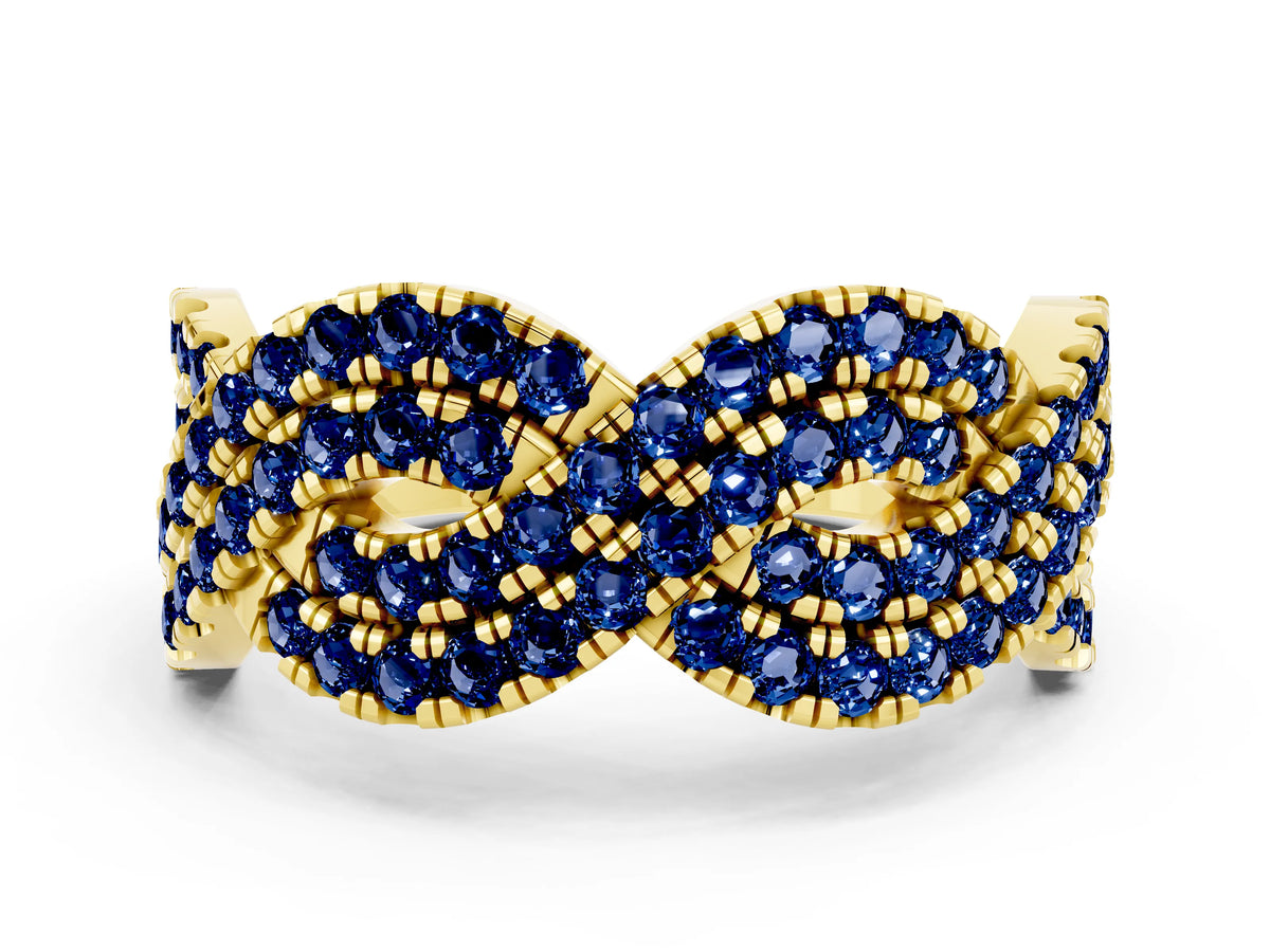 Pavé Round Blue Sapphire Infinity Twist Band in Yellow gold with Shared Prong Setting