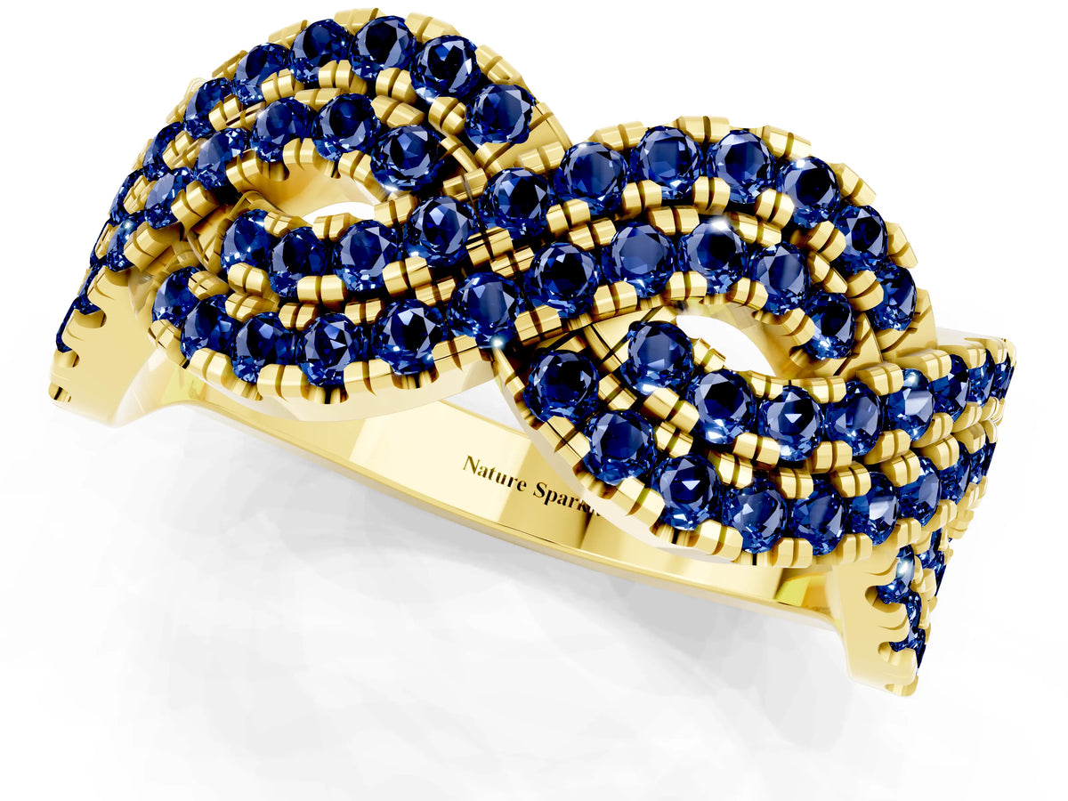 Pavé Round Blue Sapphire Infinity Twist Band in Yellow gold with Shared Prong Setting_1