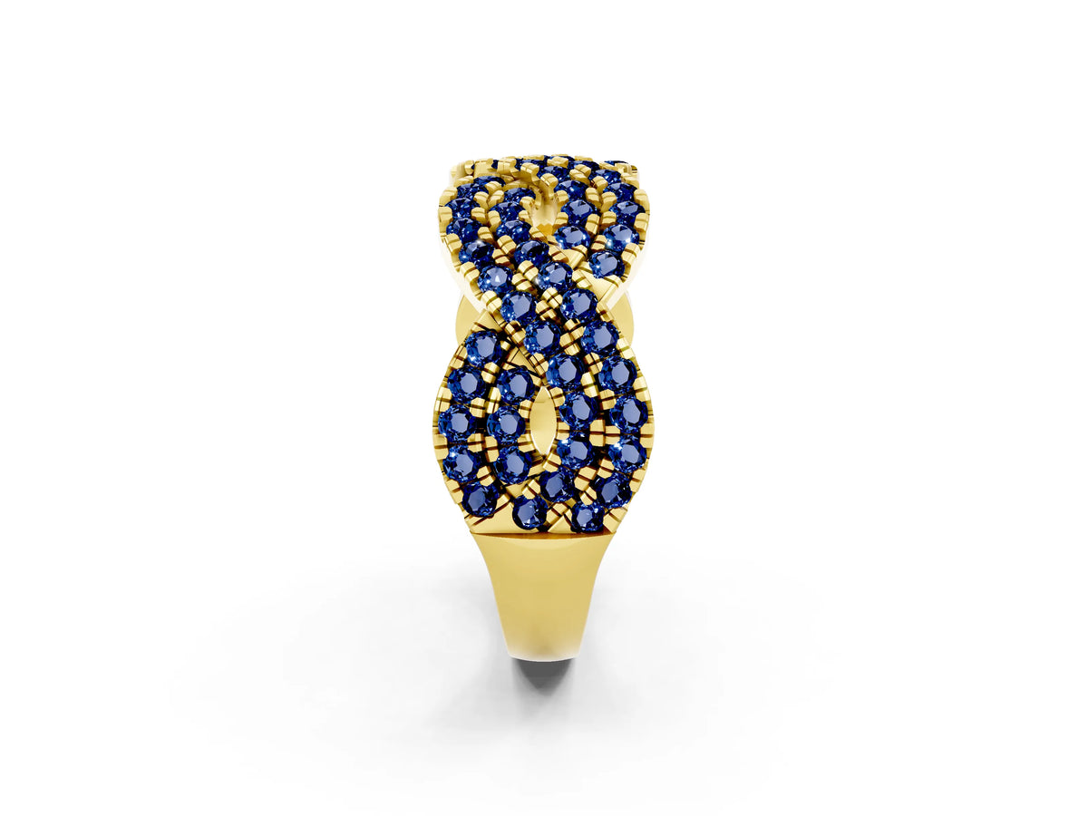 Pavé Round Blue Sapphire Infinity Twist Band in Yellow gold with Shared Prong Setting_2