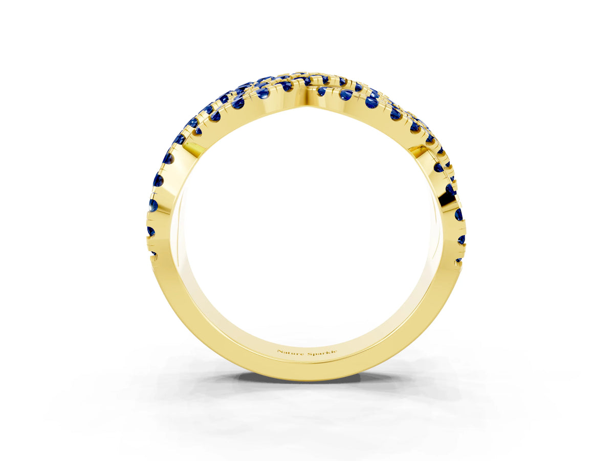 Pavé Round Blue Sapphire Infinity Twist Band in Yellow gold with Shared Prong Setting_3