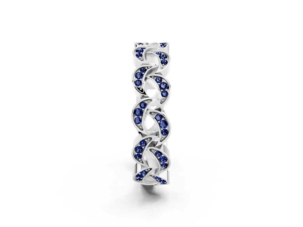 Pavé Round Blue Sapphire Interlocking Eternity Band in Silver with Bezel Prong Setting_2