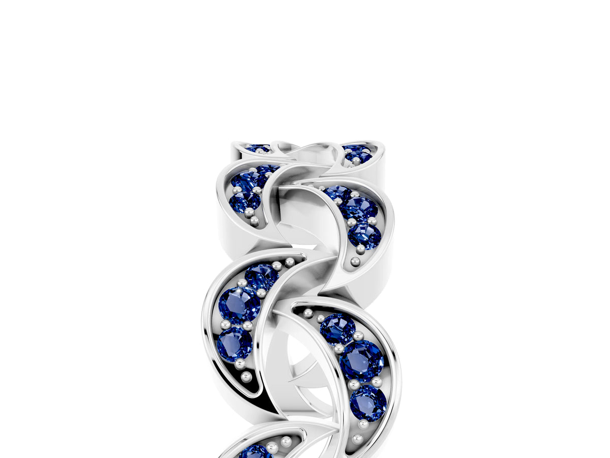 Pavé Round Blue Sapphire Interlocking Eternity Band in Silver with Bezel Prong Setting_5