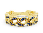 Pavé Round Blue Sapphire Interlocking Eternity Band in Yellow gold with Bezel Prong Setting