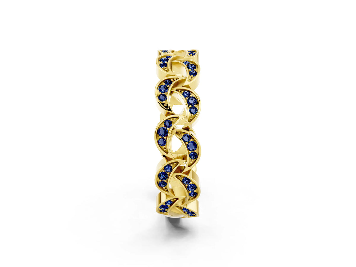 Pavé Round Blue Sapphire Interlocking Eternity Band in Yellow gold with Bezel Prong Setting_2