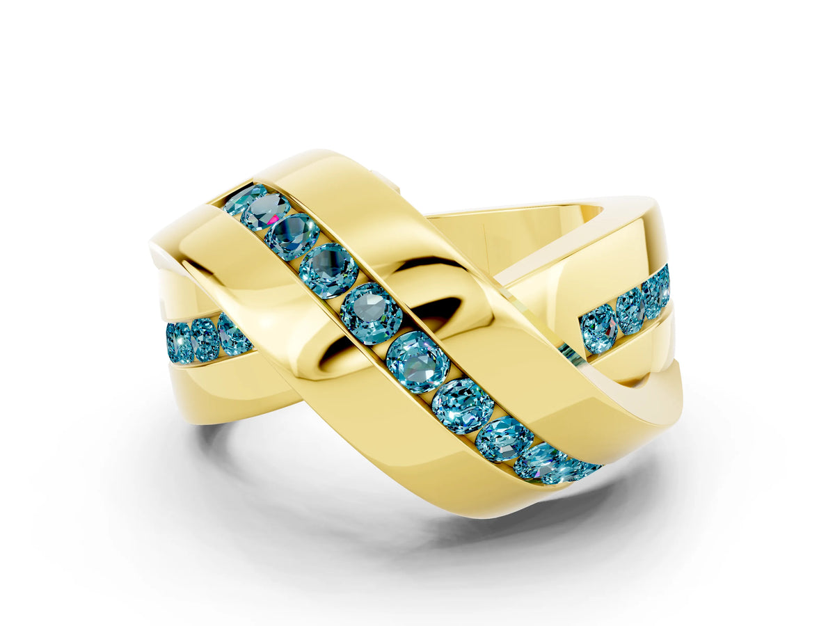 Pavé Round Blue Topaz Crossover Band in Yellow gold with Channel Setting