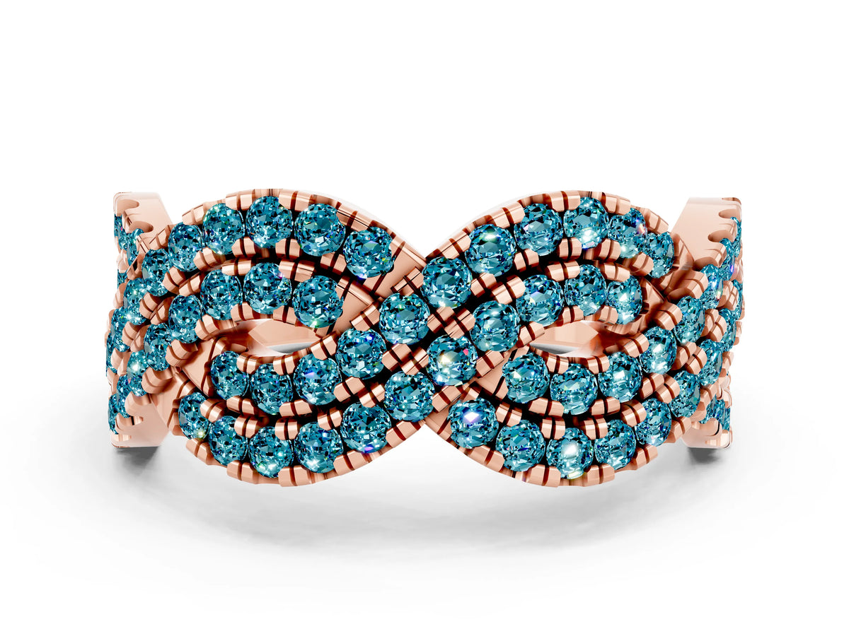 Pavé Round Blue Topaz Infinity Twist Band in Rose gold with Shared Prong Setting