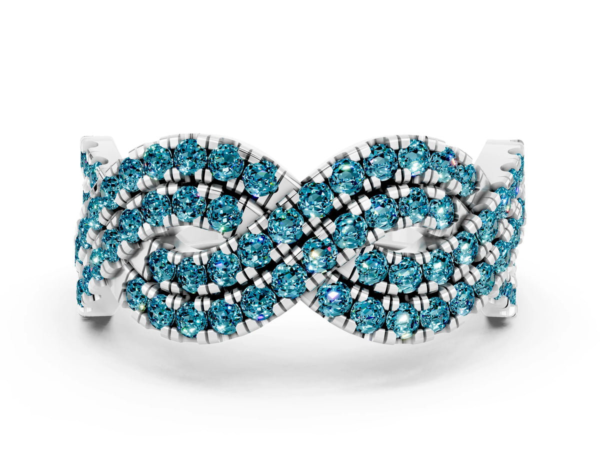 Pavé Round Blue Topaz Infinity Twist Band in White gold with Shared Prong Setting