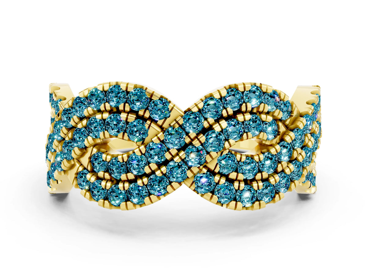 Pavé Round Blue Topaz Infinity Twist Band in Yellow gold with Shared Prong Setting