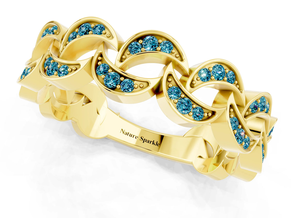Pavé Round Blue Topaz Interlocking Eternity Band in Yellow gold with Bezel Prong Setting_1
