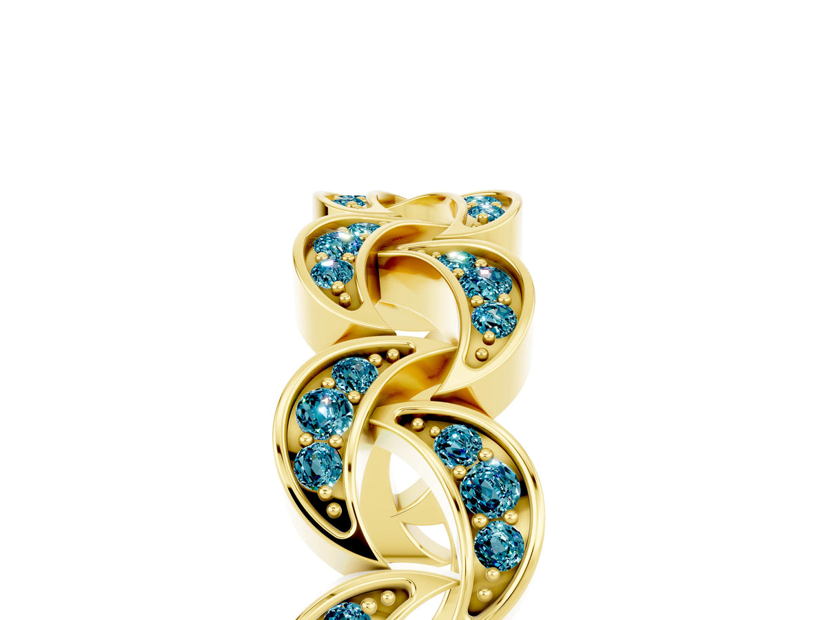 Pavé Round Blue Topaz Interlocking Eternity Band in Yellow gold with Bezel Prong Setting_5