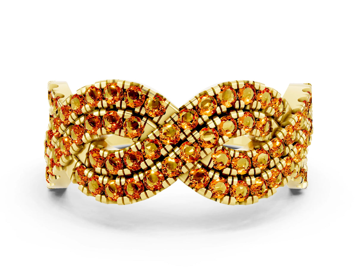 Pavé Round Citrine Infinity Twist Band in Yellow gold with Shared Prong Setting
