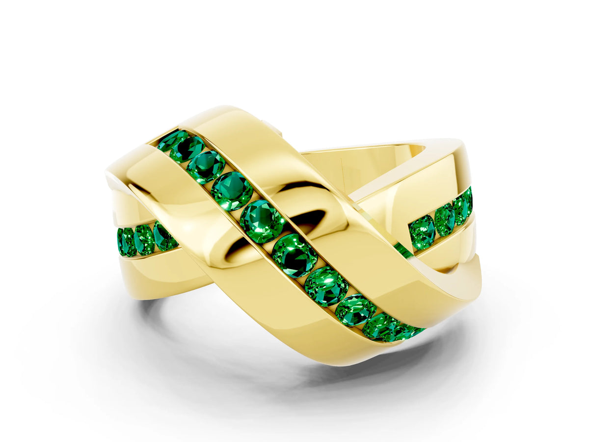 Pavé Round Emerald Crossover Band in Yellow gold with Channel Setting