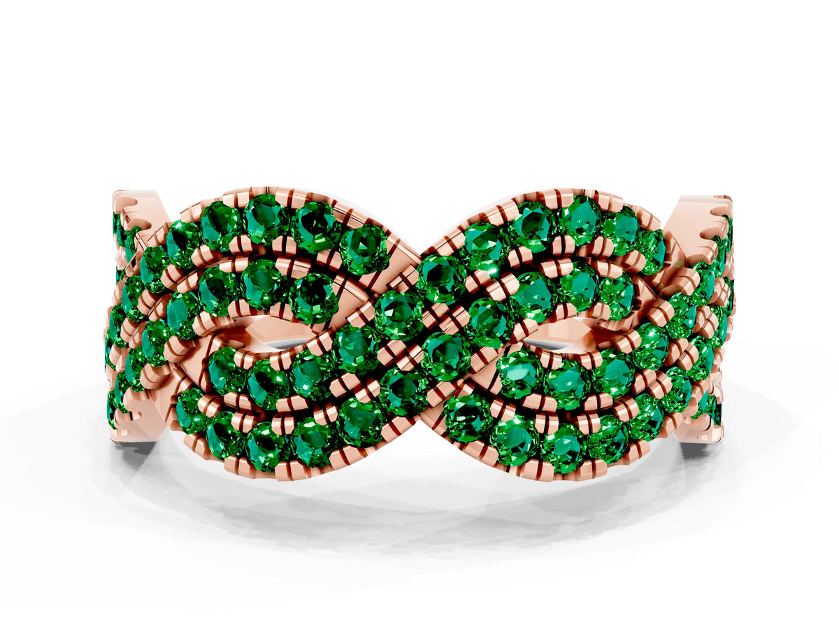 Pavé Round Emerald Infinity Twist Band in Rose gold with Shared Prong Setting