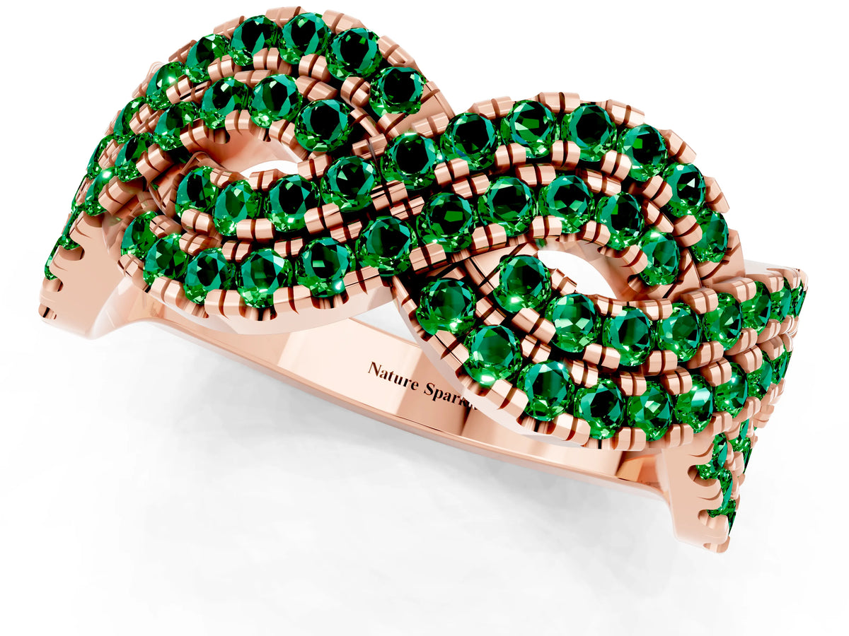 Pavé Round Emerald Infinity Twist Band in Rose gold with Shared Prong Setting_1