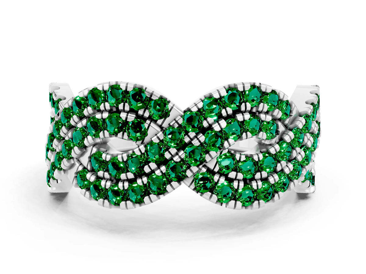 Pavé Round Emerald Infinity Twist Band in White gold with Shared Prong Setting