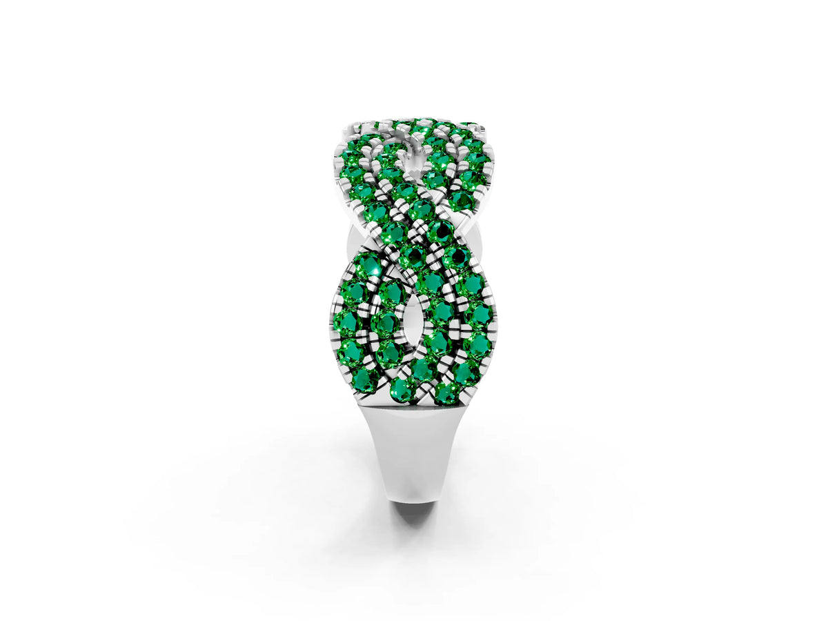 Pavé Round Emerald Infinity Twist Band in White gold with Shared Prong Setting_2