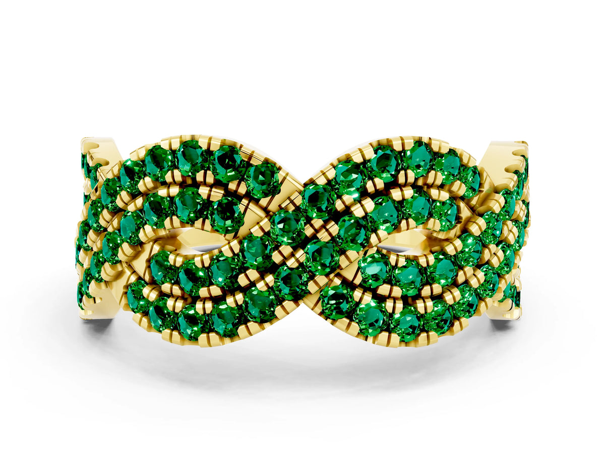 Pavé Round Emerald Infinity Twist Band in Yellow gold with Shared Prong Setting